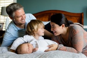 best and worst cites to raise a family according to a WalletHub 2018 report. Picture shows a family of four smiling at each other in bed.
