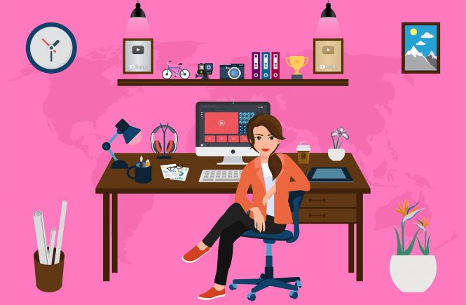 Cartoon female working at home